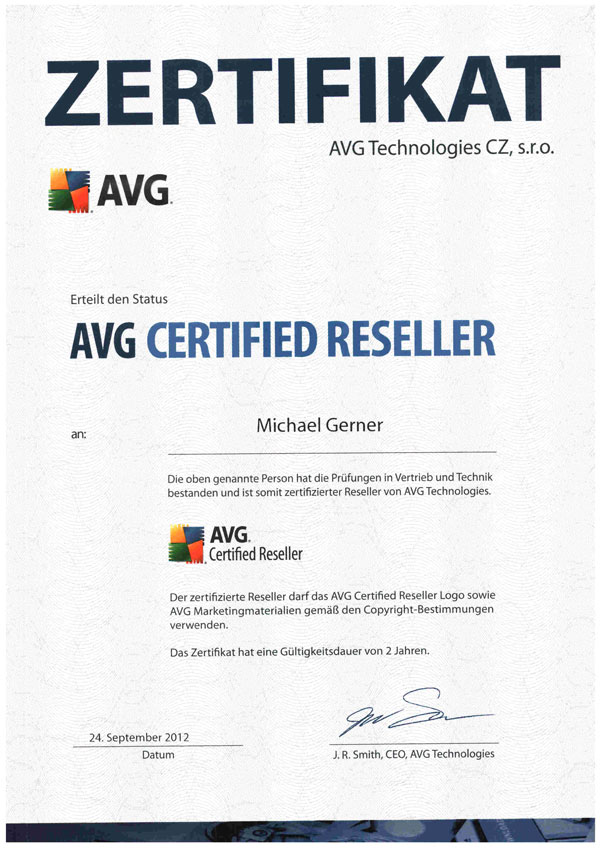 Zertifikat mit dem Titel „ZERTIFIKAT“ von AVG, das Michael Gerner als AVG-zertifizierten Wiederverkäufer im Bereich Elektro- und Informationstechnik ausweist, datiert vom 24. September 2012, unterzeichnet vom Geschäftsführer, einschließlich des AVG-Logos und des Abzeichens für zertifizierte Wiederverkäufer.