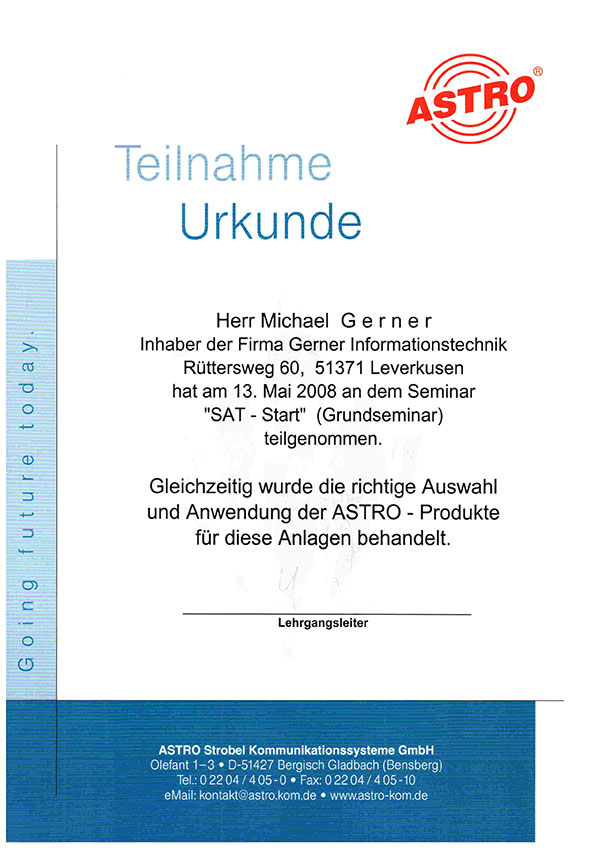 Eine deutsche Teilnahmebescheinigung, die Michael Gerner für die Teilnahme an einem Seminar zu ASTRO-Produkten im Bereich der Elektro- und Informationstechnik ausgestellt wurde, datiert vom 13. Mai 2008, mit dem ASTRO-Logo und den Kontaktdaten des Unternehmens.