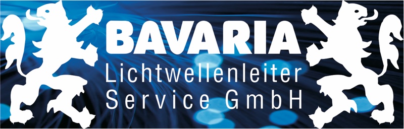 Weißer Schriftzug „BAVARIA Lichtwellenleiter Service GmbH“ mit zwei weißen Löwen auf blauem Hintergrund mit Lichtstreifen, der die Kompetenz in der Elektro- und Informationstechnik widerspiegelt.