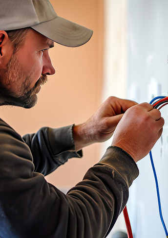 Ein Mann mit grauer Mütze und dunklem Sweatshirt, der auf Elektro- und Informationstechnik spezialisiert ist, schließt bunte Elektrokabel an eine Steckdose an und konzentriert sich dabei ganz auf seine Arbeit. Ein Mann mit grauer Mütze und dunklem Sweatshirt, der auf Elektro- und Informationstechnik spezialisiert ist, schließt bunte Elektrokabel an eine Steckdose an und konzentriert sich dabei ganz auf seine Arbeit.