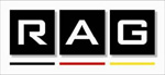 Logo mit drei schwarzen Quadraten, die jeweils einen weißen Buchstaben enthalten: R, A und G. Unterhalb der Quadrate befinden sich drei horizontale Linien, die von links nach rechts schwarz, rot und gelb gefärbt sind. Das Design steht für Innovation und Präzision in der Elektro- und Informationstechnik.