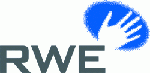 Das RWE-Logo zeigt die Buchstaben „RWE“ in Grau und eine stilisierte weiße Hand in einem blauen Oval über den Buchstaben, was die starken Wurzeln von RWE in der Elektro- und Informationstechnik widerspiegelt.